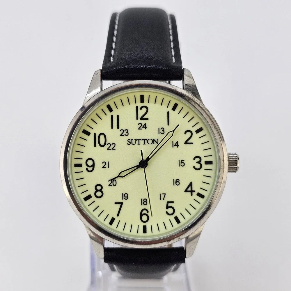 Sutton Field Men's Watch 41MM Yellow Dial NEW Black Leather Bands NEW Battery